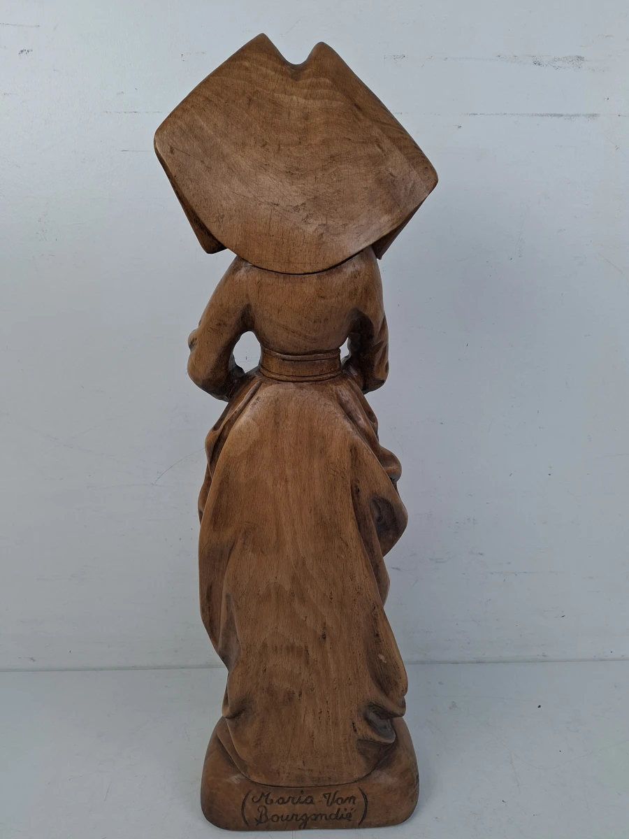 Groot Houtsnijwerk Sculptuur: Maria Van Bourgondië – Uniek Statig Beeld - foto 3