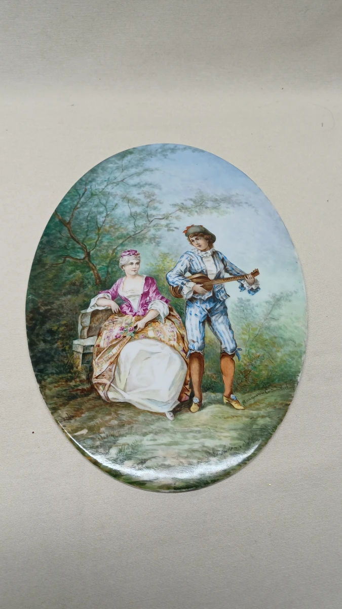 Set van 2 ovale porseleinen wandborden met schilderingen - foto 7