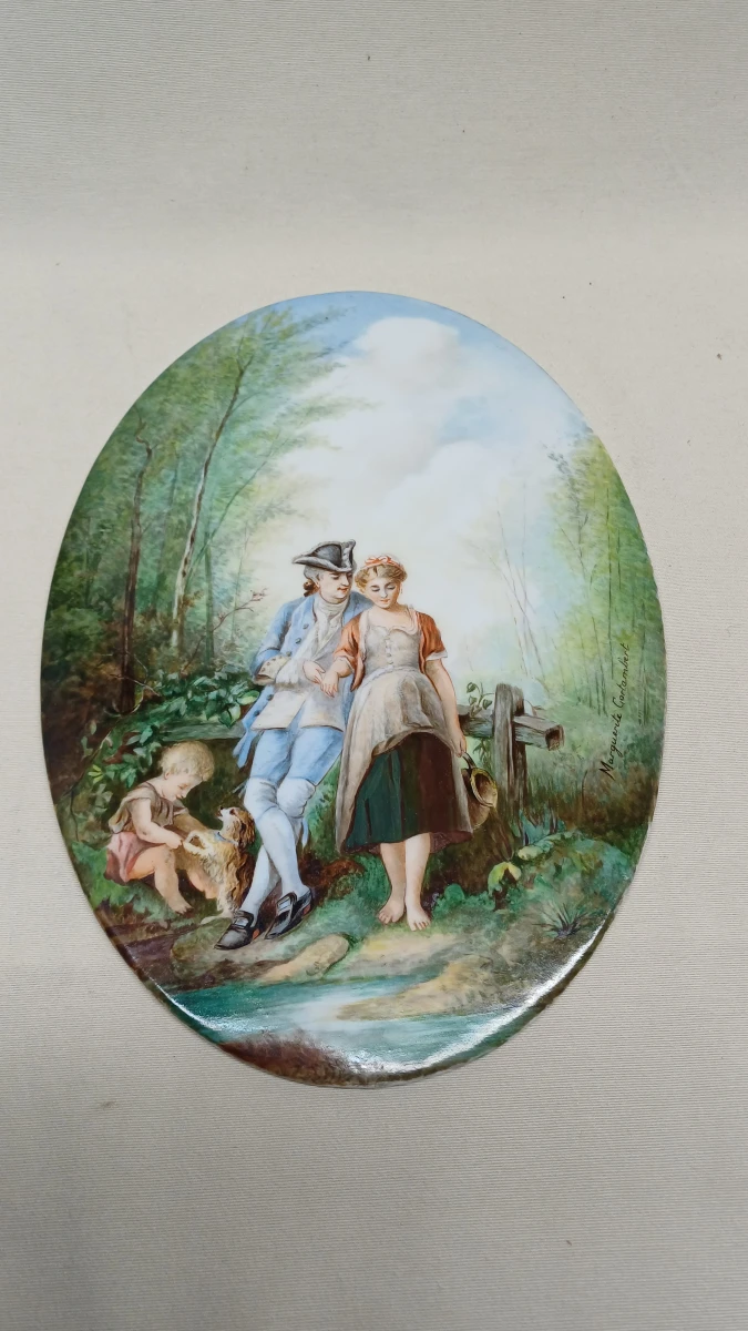 Set van 2 ovale porseleinen wandborden met schilderingen - foto 5