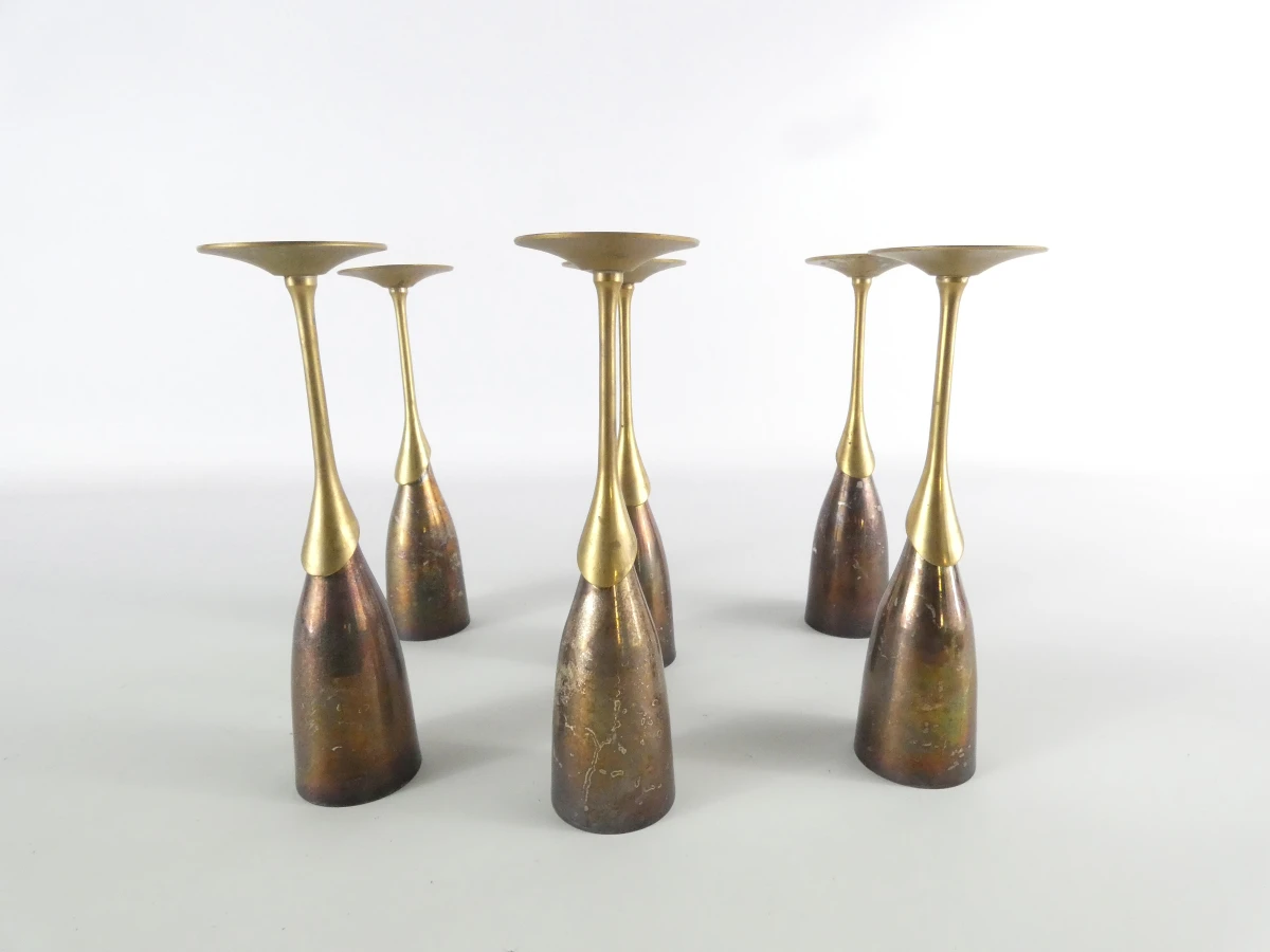 Set van 6 vintage verzilverde champagneflûtes met messing voet - foto 2
