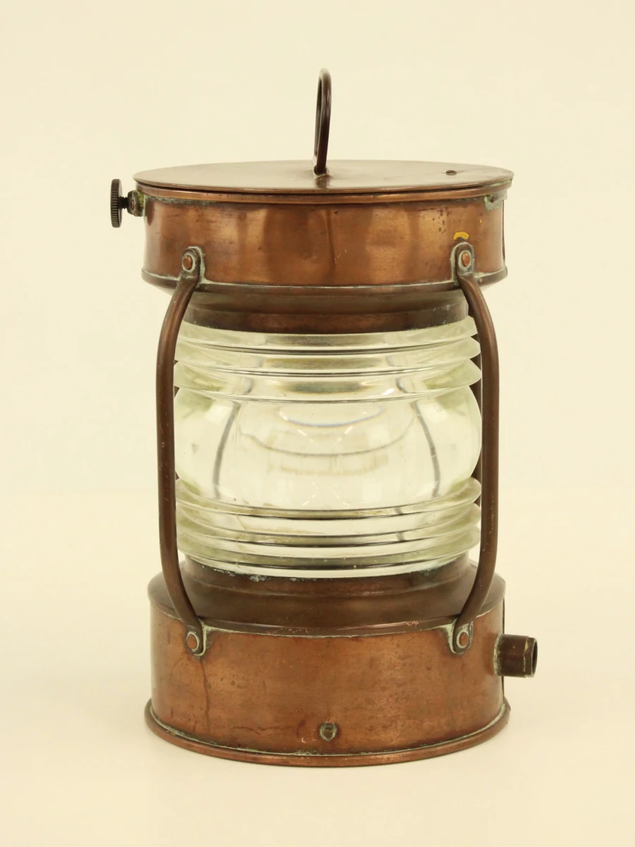 Antieke koperen scheepslamp – Ankerlicht met Fresnel-lens - foto 5