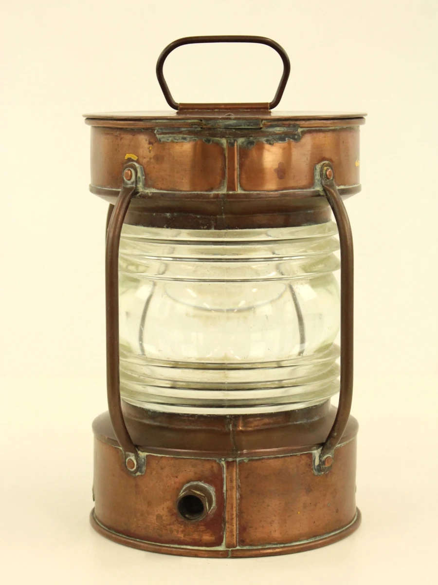 Antieke koperen scheepslamp – Ankerlicht met Fresnel-lens - foto 6