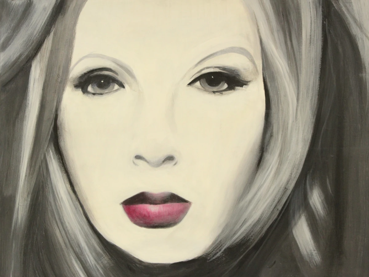 Vrouwen gezicht met opvallend rode lippen, acryl op canvas gesigneerd. - foto 2