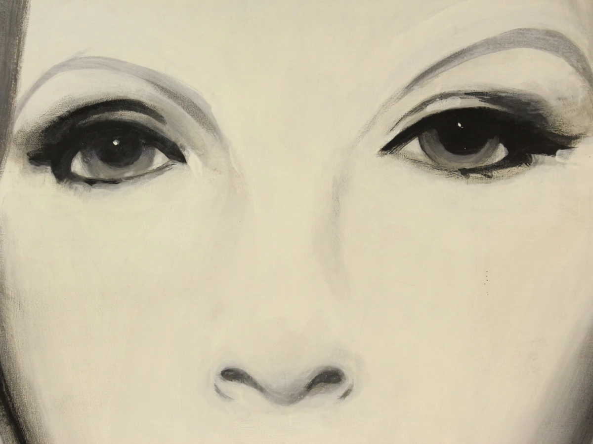 Vrouwen gezicht met opvallend rode lippen, acryl op canvas gesigneerd. - foto 3