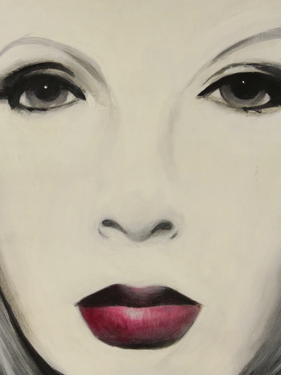 Vrouwen gezicht met opvallend rode lippen, acryl op canvas gesigneerd. - foto 4