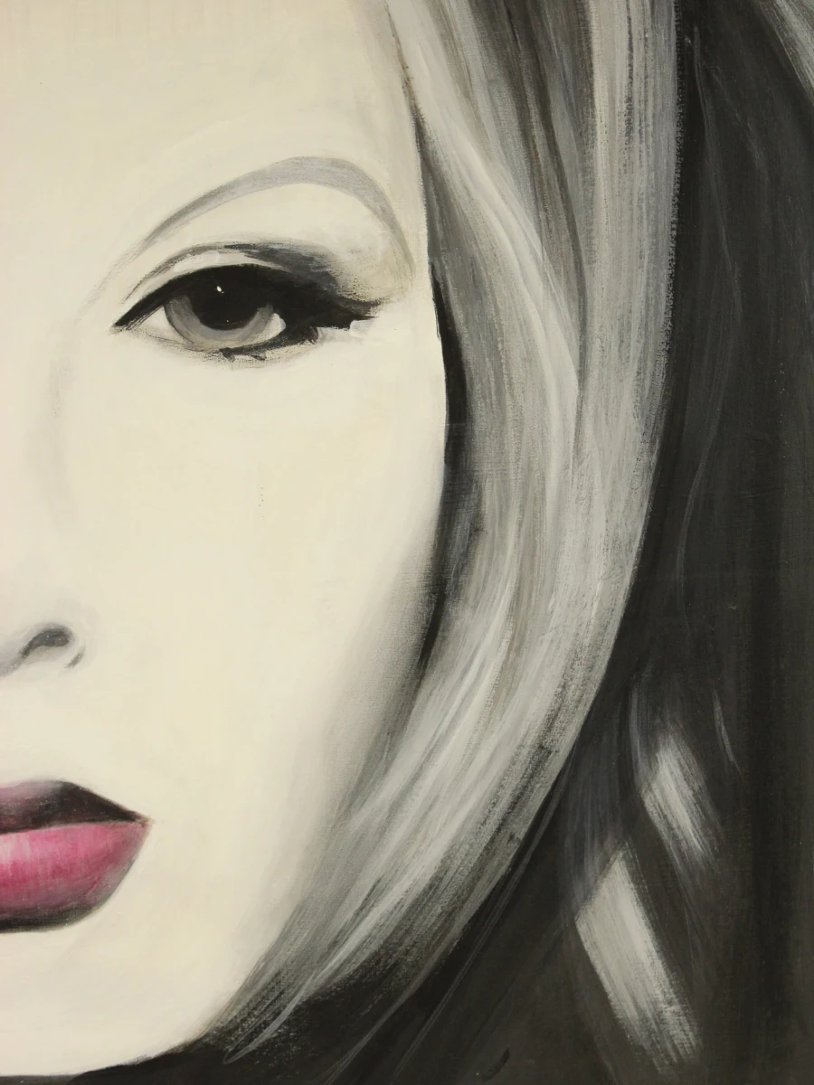 Vrouwen gezicht met opvallend rode lippen, acryl op canvas gesigneerd. - foto 5