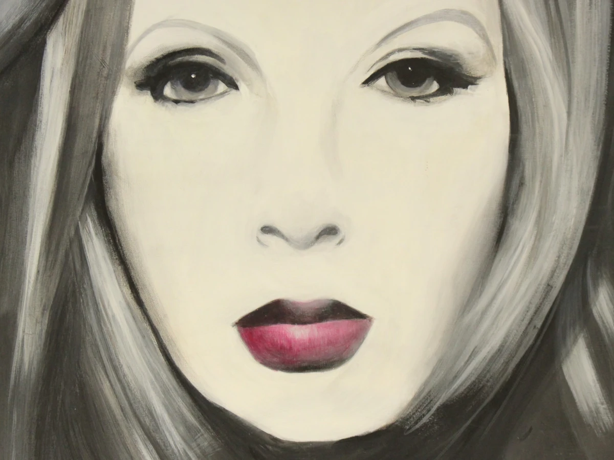 Vrouwen gezicht met opvallend rode lippen, acryl op canvas gesigneerd. - foto 6