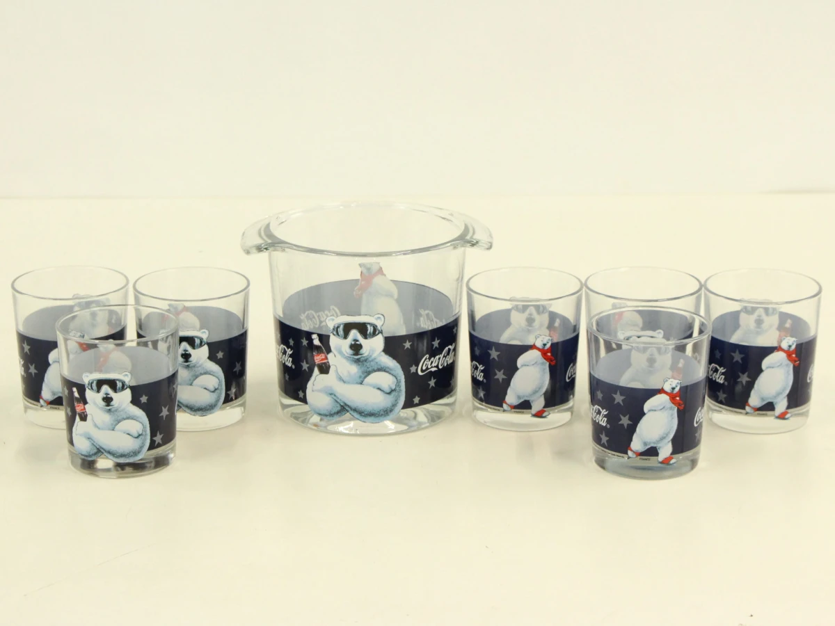 Vintage Coca-Cola set – 7 glazen, ijsemmer/koeler & 12-delig bestek met flesvormige handgrepen - foto 2