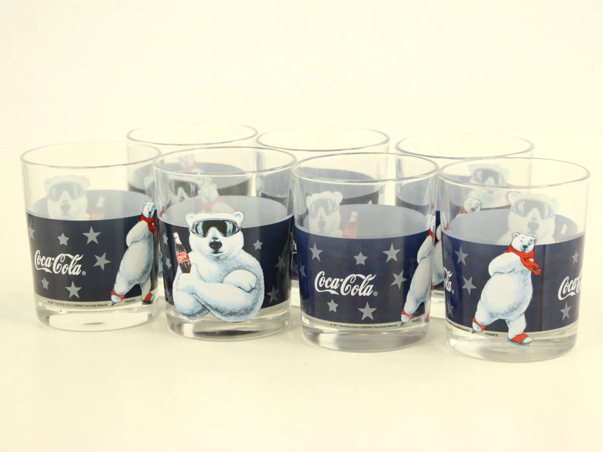 Vintage Coca-Cola set – 7 glazen, ijsemmer/koeler & 12-delig bestek met flesvormige handgrepen - foto 3