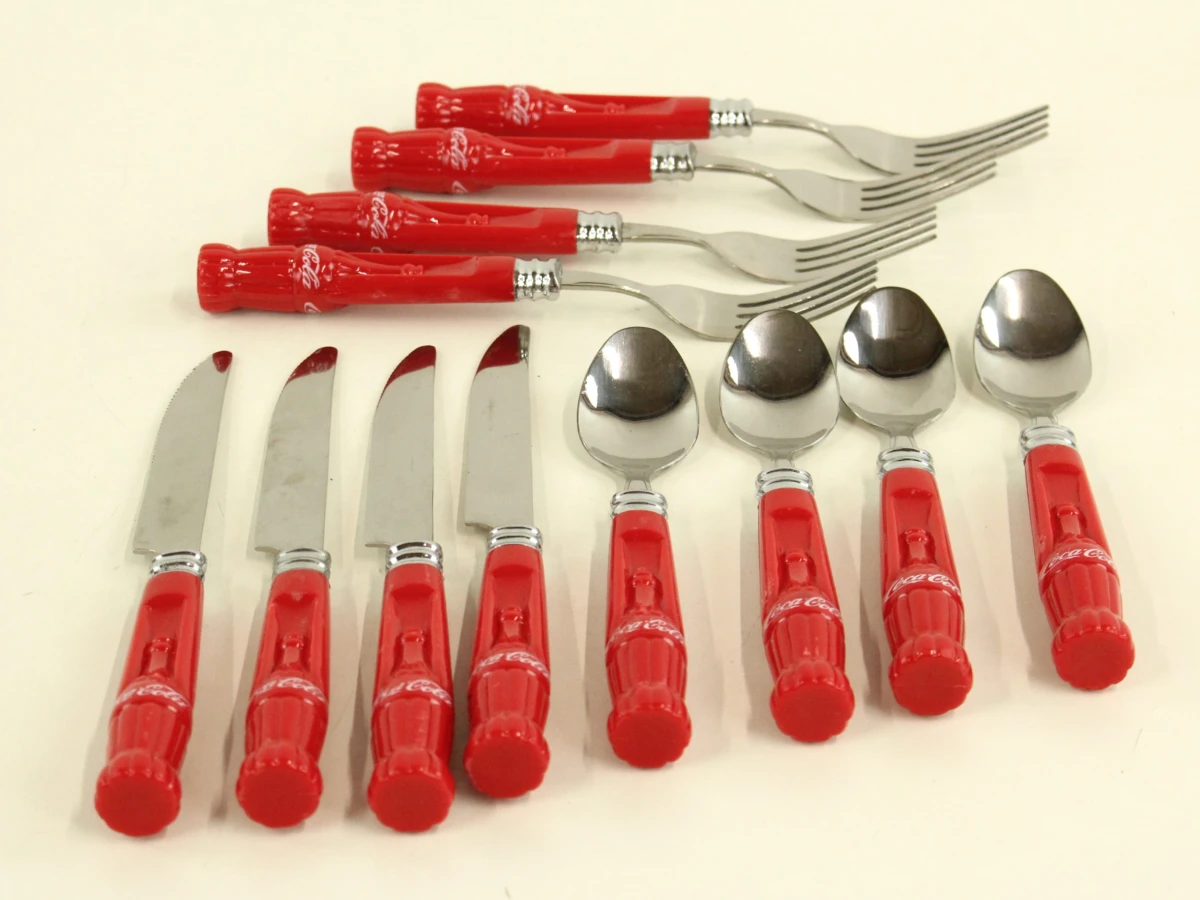 Vintage Coca-Cola set – 7 glazen, ijsemmer/koeler & 12-delig bestek met flesvormige handgrepen - foto 6