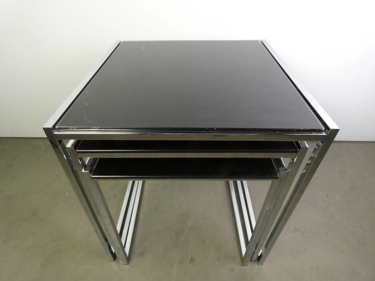 Set van 3 Strakke Moderne bijzettafels - Chroom & Zwart Gehard Glas - foto 2