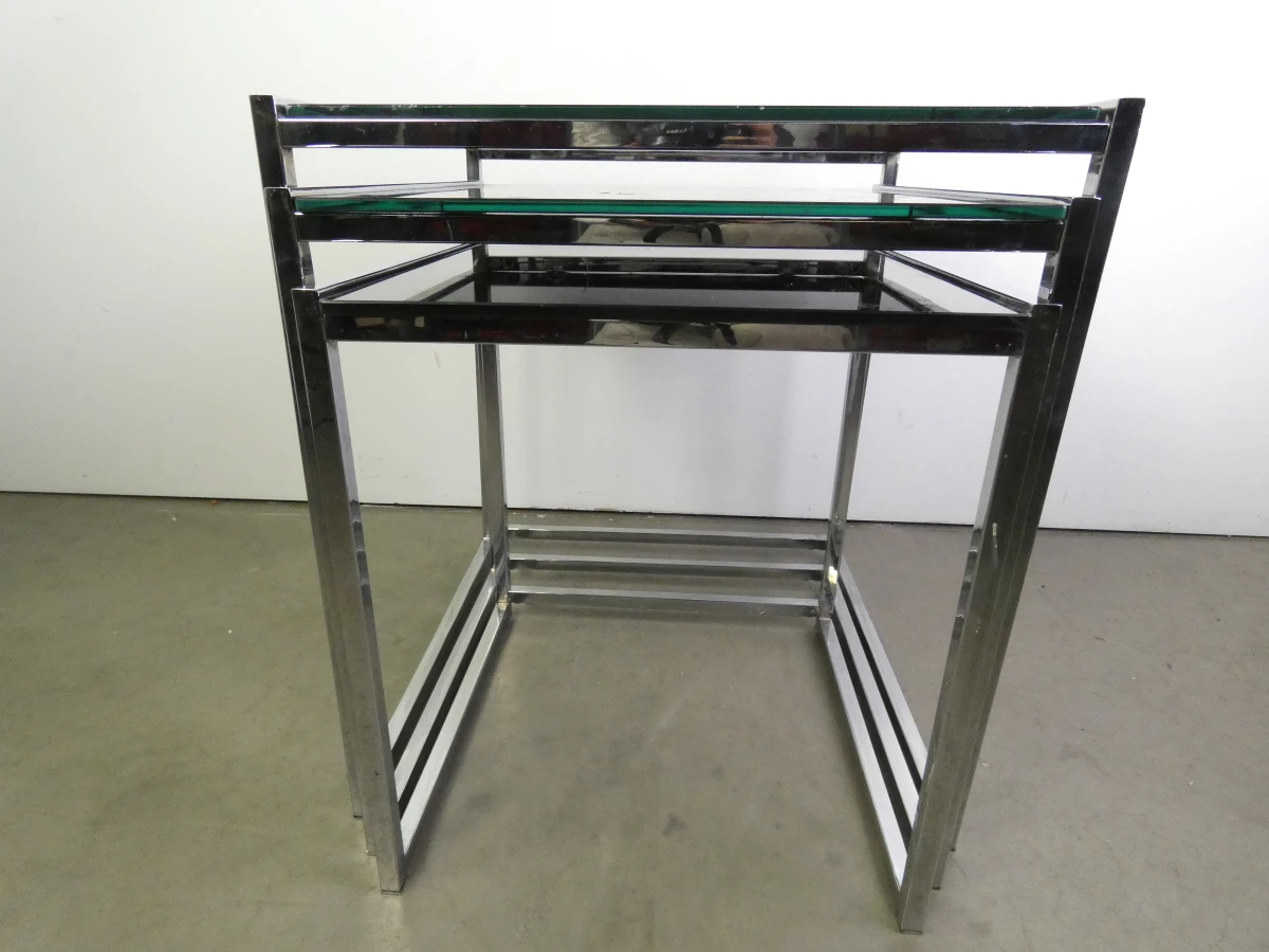 Set van 3 Strakke Moderne bijzettafels - Chroom & Zwart Gehard Glas - foto 3