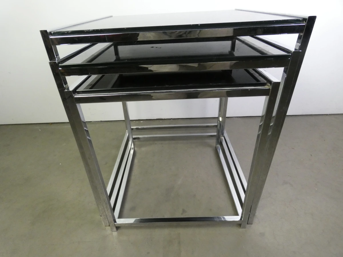 Set van 3 Strakke Moderne bijzettafels - Chroom & Zwart Gehard Glas - foto 4