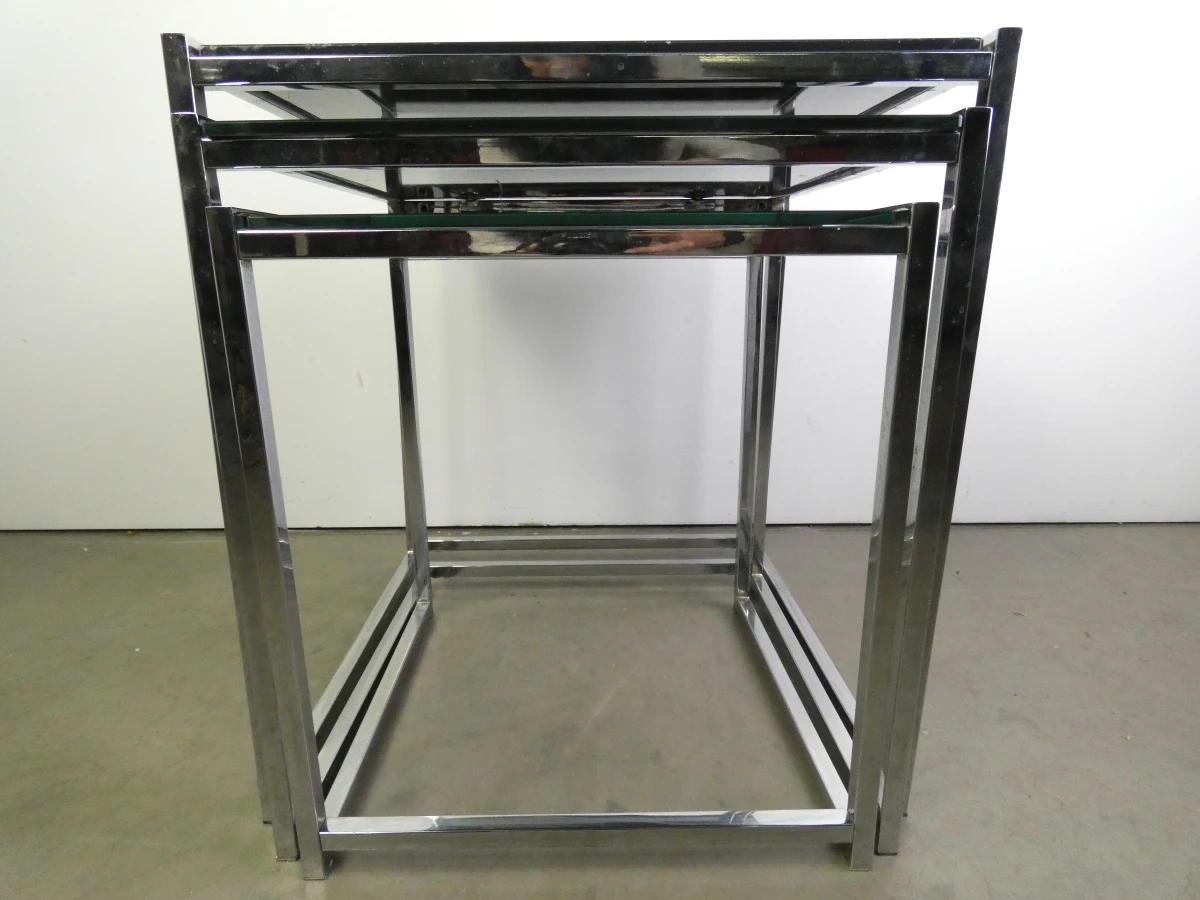 Set van 3 Strakke Moderne bijzettafels - Chroom & Zwart Gehard Glas - foto 5