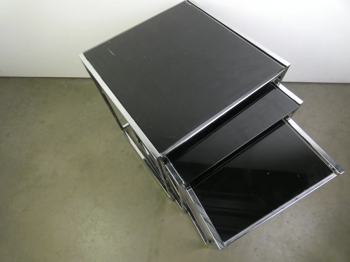 Set van 3 Strakke Moderne bijzettafels - Chroom & Zwart Gehard Glas - foto 7