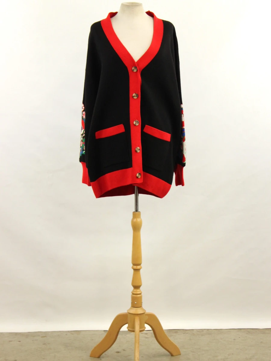 Cesare Gaspari zwarte cardigan met rode accenten en bloemenpatroon - foto 2