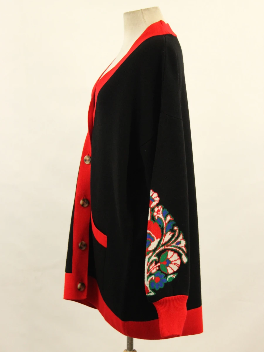 Cesare Gaspari zwarte cardigan met rode accenten en bloemenpatroon - foto 4