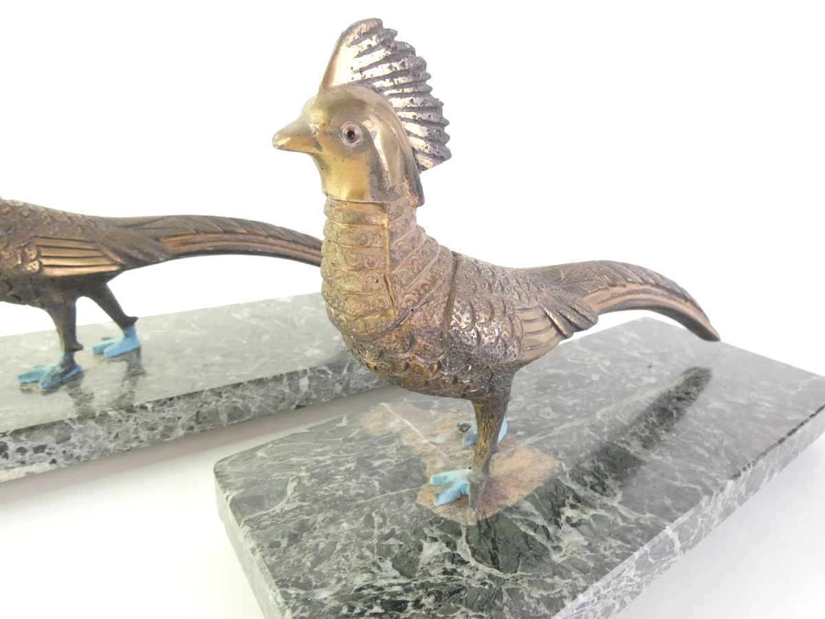Set van 2 vintage bronzen fazanten op marmeren voet - foto 2