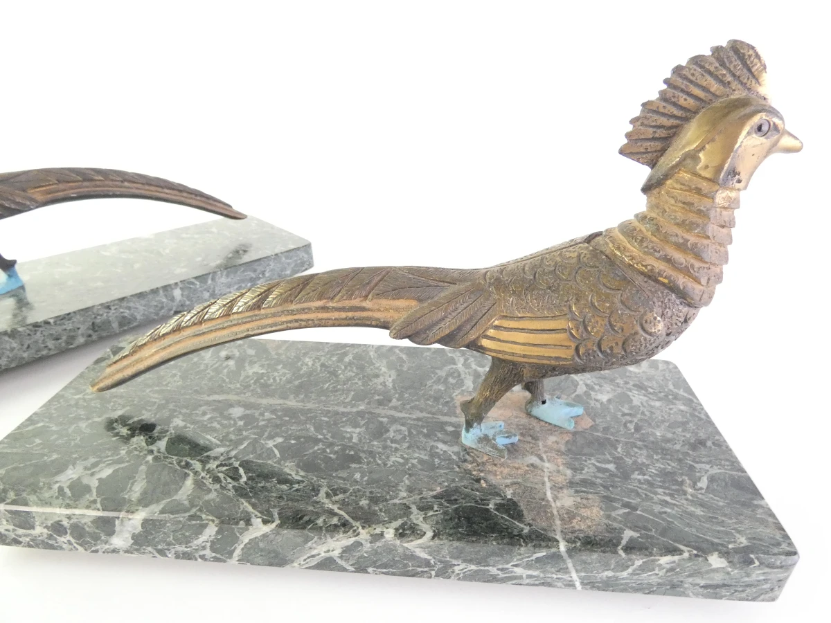 Set van 2 vintage bronzen fazanten op marmeren voet - foto 3