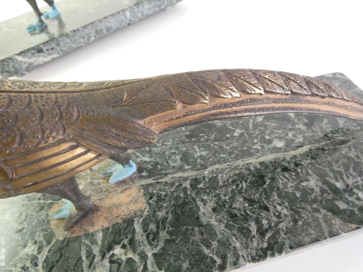 Set van 2 vintage bronzen fazanten op marmeren voet - foto 6