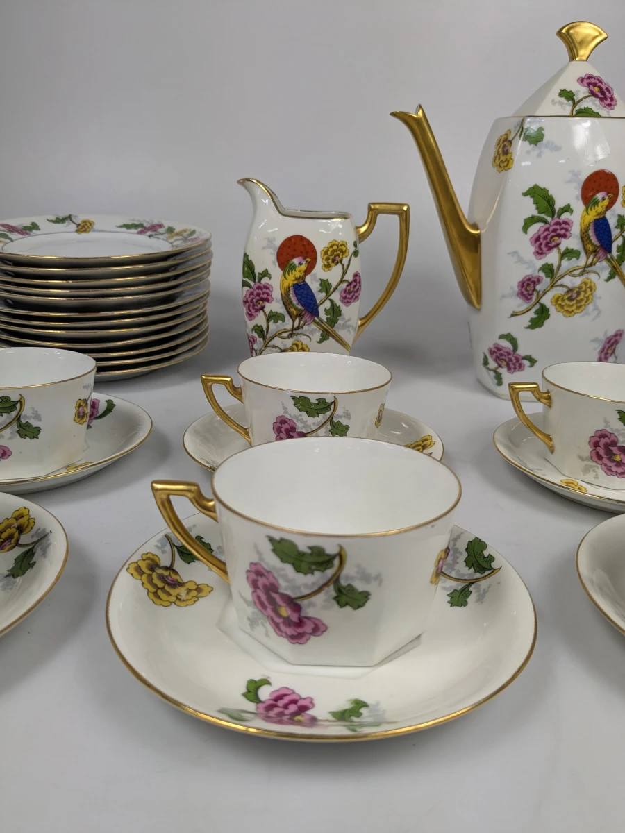 Art Deco Porselein Limoges Madesclaire Pillivuyt Paradijsvogel servies. - foto 2