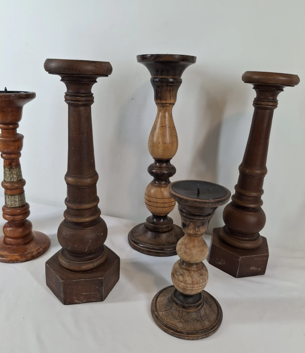 Set van 6 rustieke houten kandelaars - foto 3