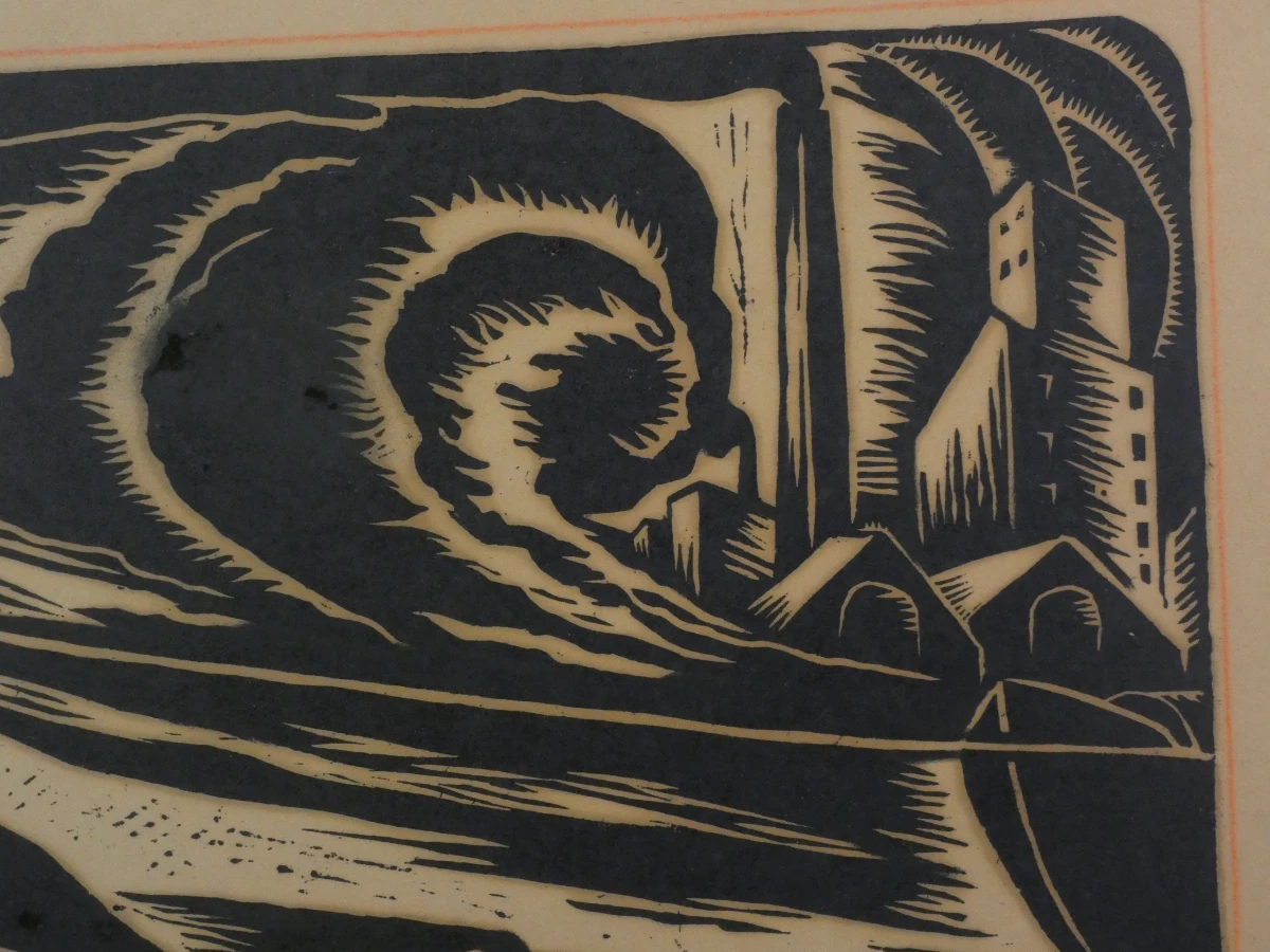 Expressionistische Houtsnede „Zwoegende Visser/Arbeider met Sloep” – Gesigneerd Vanhoy - foto 4