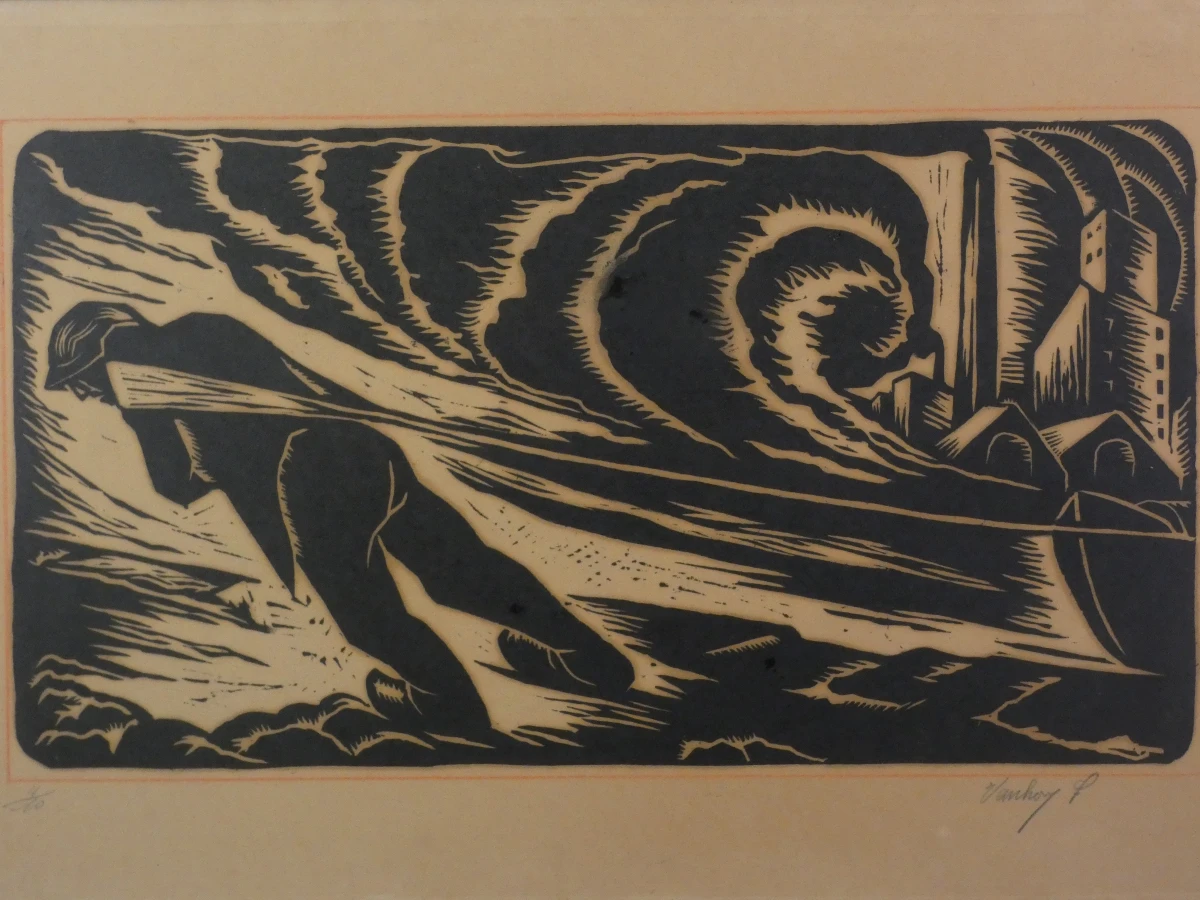 Expressionistische Houtsnede „Zwoegende Visser/Arbeider met Sloep” – Gesigneerd Vanhoy - foto 2