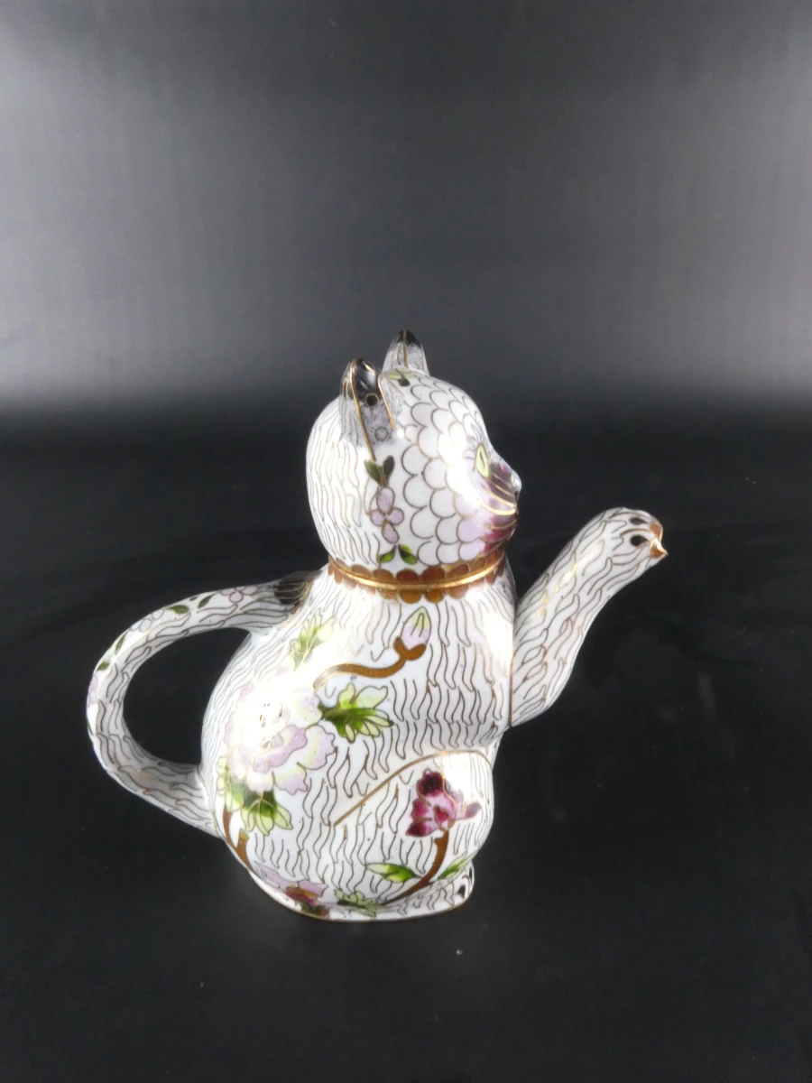 Chinese Cloisonné Theepot – Zittende Kat met bloemenmotief - foto 3