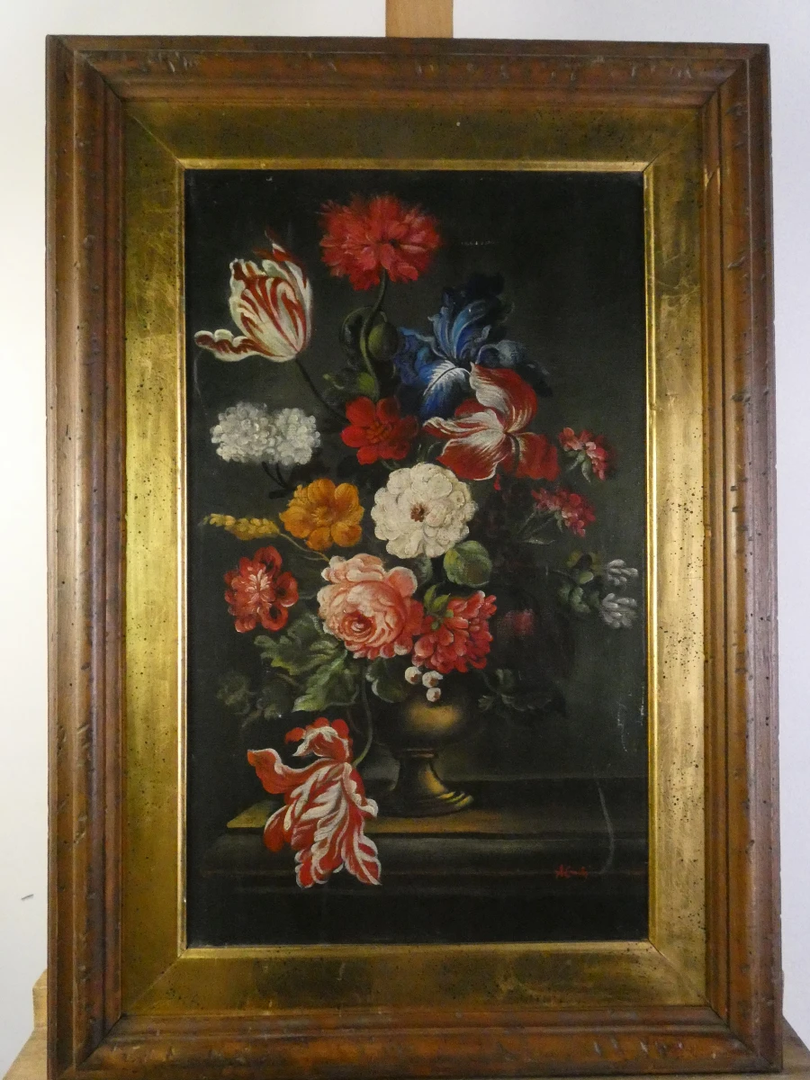 Olieverfschilderij Klassiek Bloemstilleven met Tulpen en Rozen in Vaas - foto 2