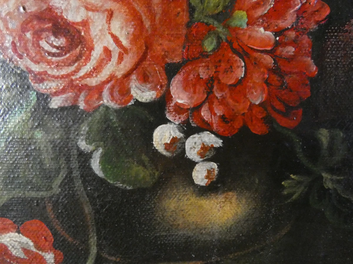 Olieverfschilderij Klassiek Bloemstilleven met Tulpen en Rozen in Vaas - foto 4