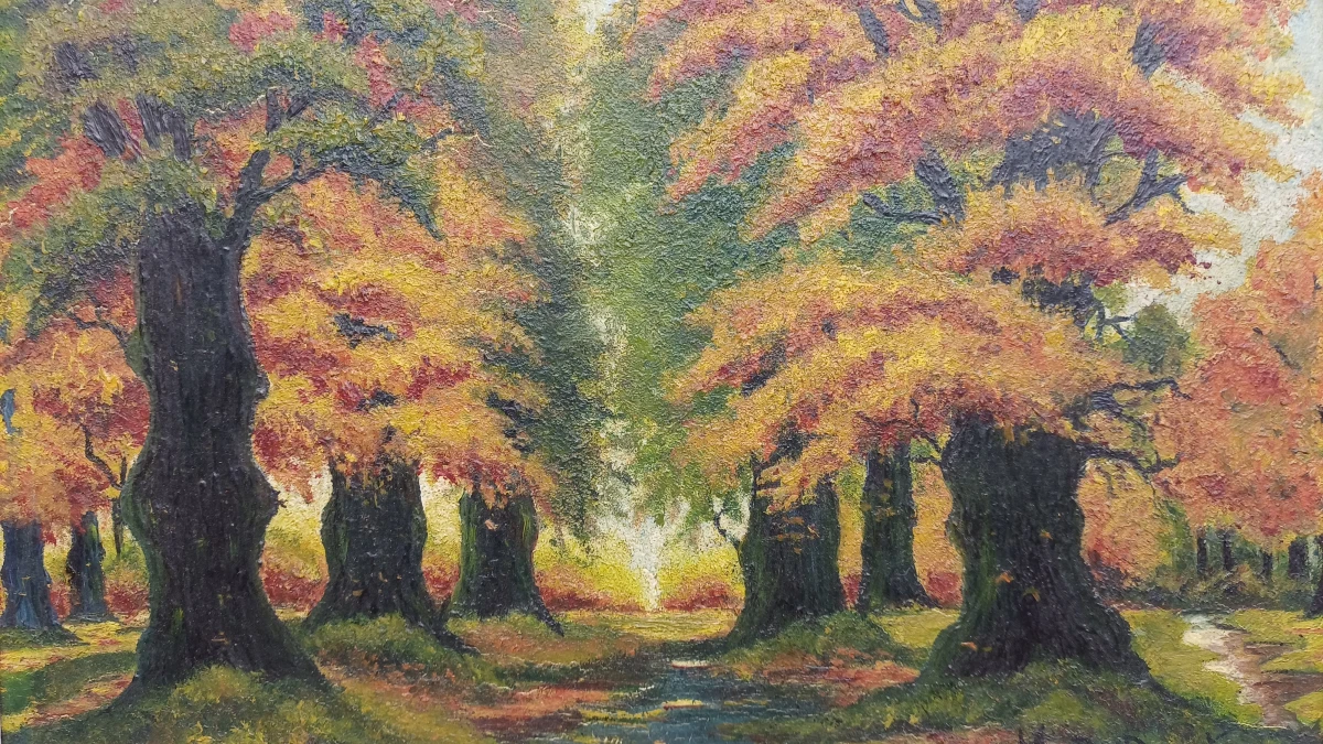 Olieverfschilderij herfstbos met gouden lijst - foto 2