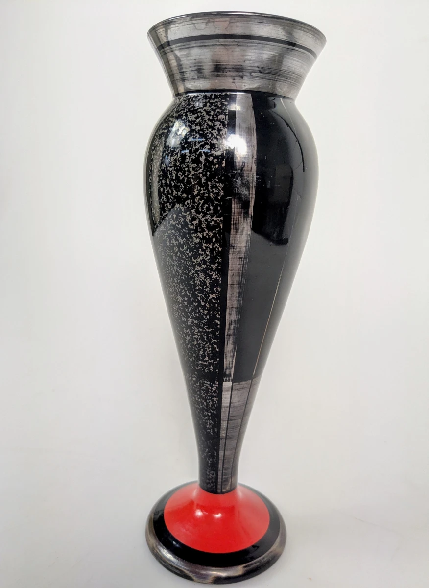 Art Deco glazen vaas gesigneerd HEM – Michel Herman – zwart, rood en zilver - foto 6
