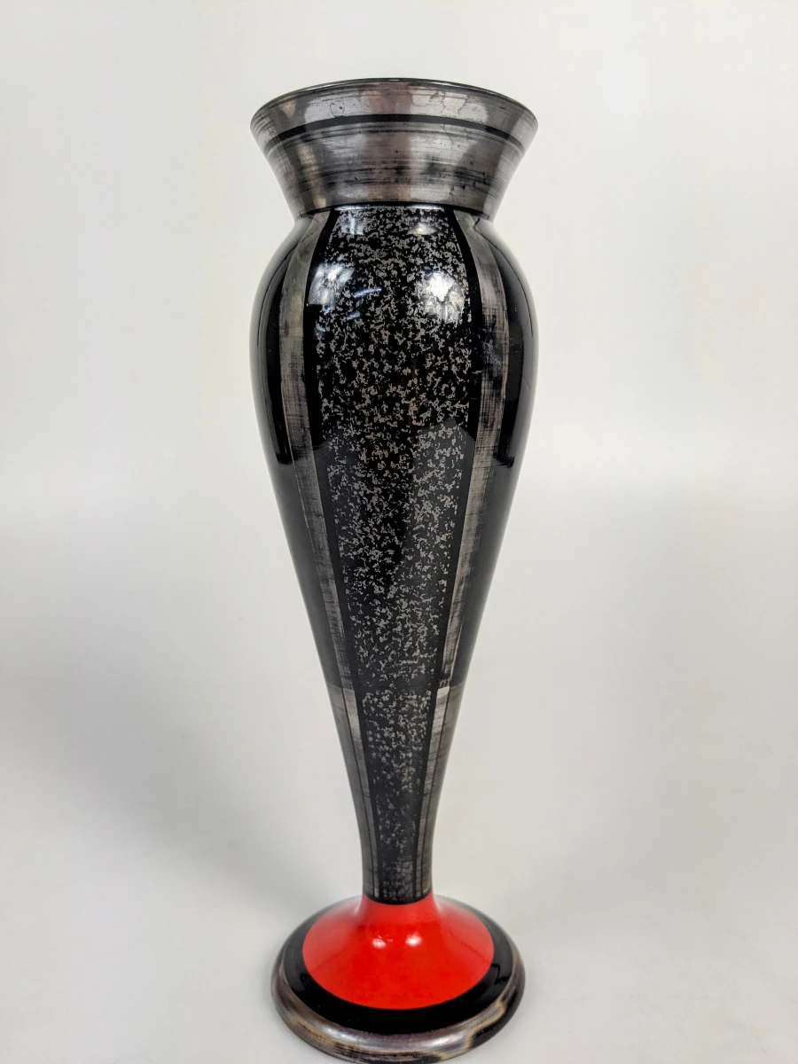 Art Deco glazen vaas gesigneerd HEM – Michel Herman – zwart, rood en zilver - foto 5