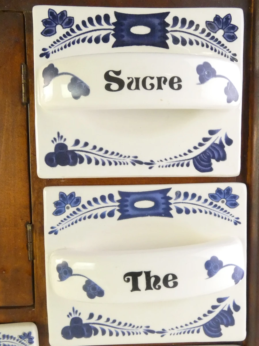 Vintage houten kruidenkastje met keramische lades - Delftsblauw stijl - foto 4