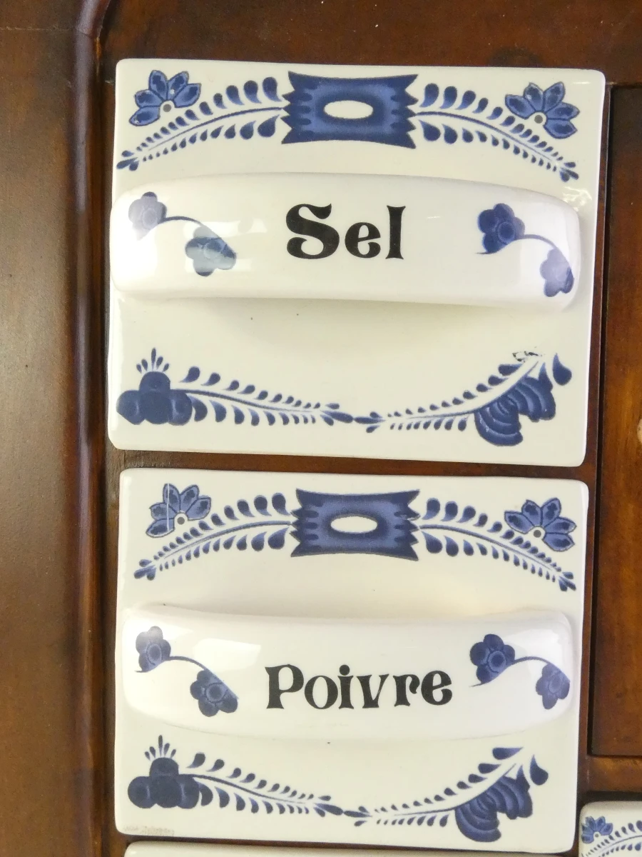 Vintage houten kruidenkastje met keramische lades - Delftsblauw stijl - foto 5