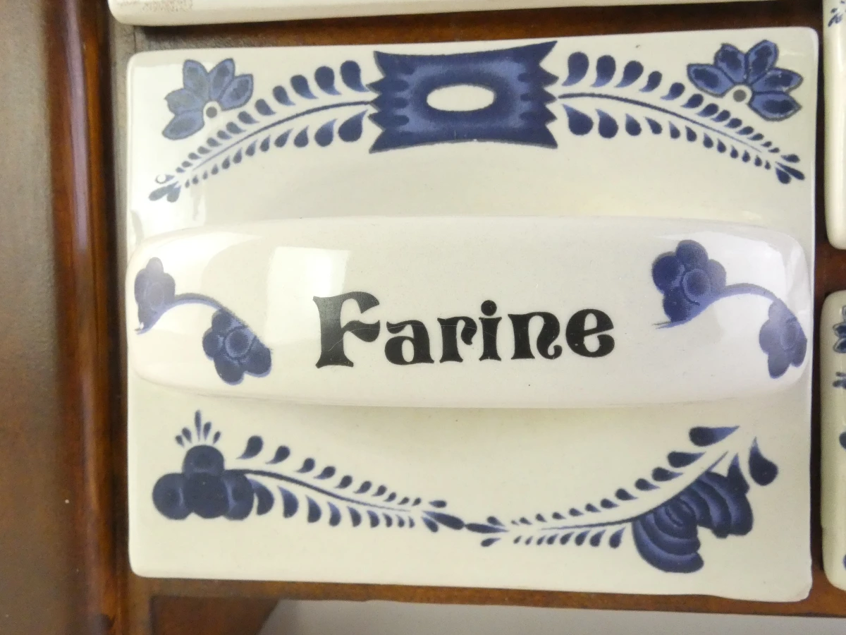 Vintage houten kruidenkastje met keramische lades - Delftsblauw stijl - foto 6
