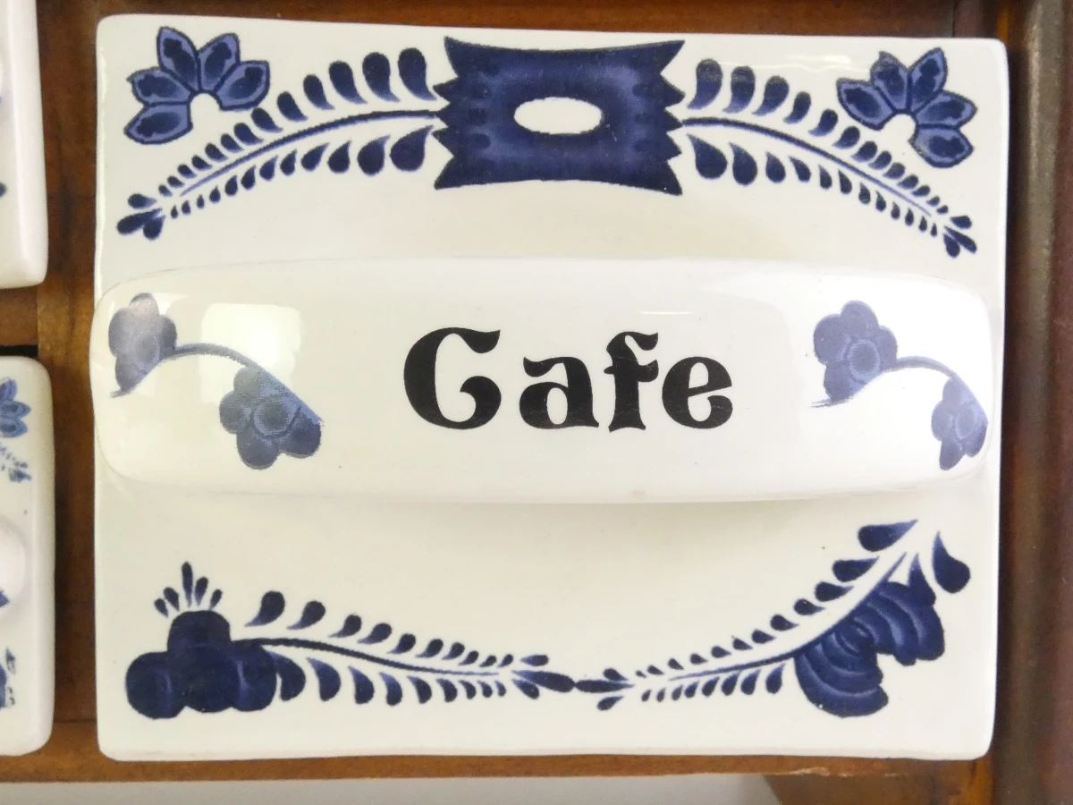 Vintage houten kruidenkastje met keramische lades - Delftsblauw stijl - foto 7