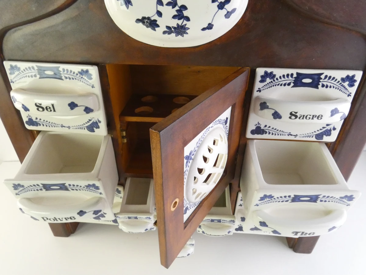 Vintage houten kruidenkastje met keramische lades - Delftsblauw stijl - foto 8