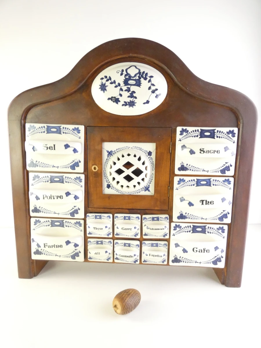 Vintage houten kruidenkastje met keramische lades - Delftsblauw stijl - foto 16
