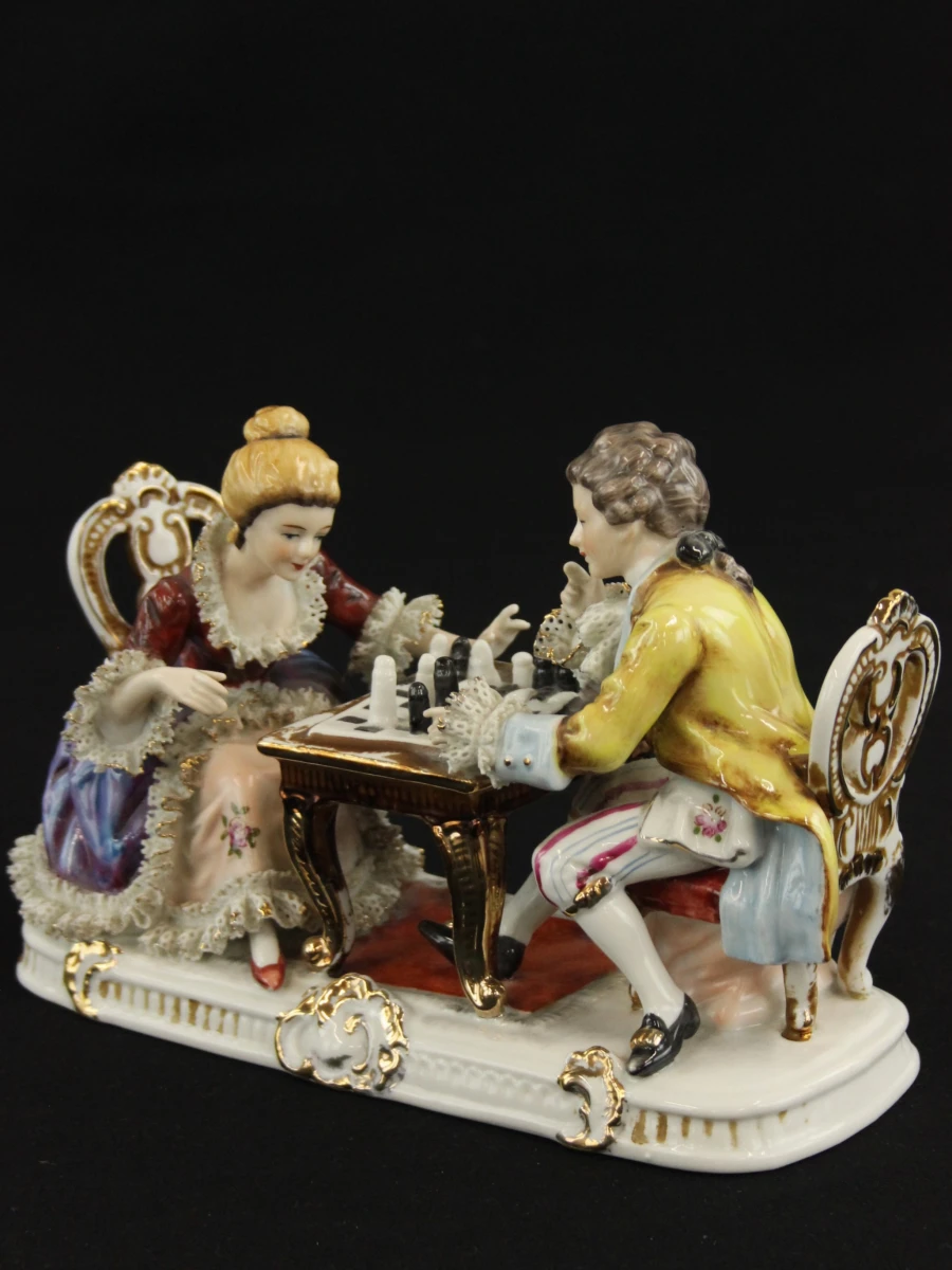 Porseleinen Beeld Schakend Koppel (Rococo / Dresden / Meissen Stijl) - foto 2