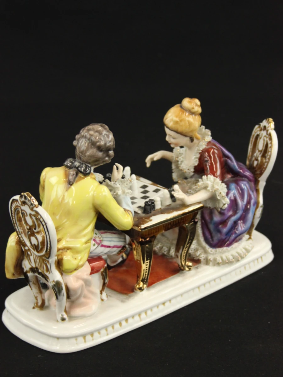 Porseleinen Beeld Schakend Koppel (Rococo / Dresden / Meissen Stijl) - foto 3
