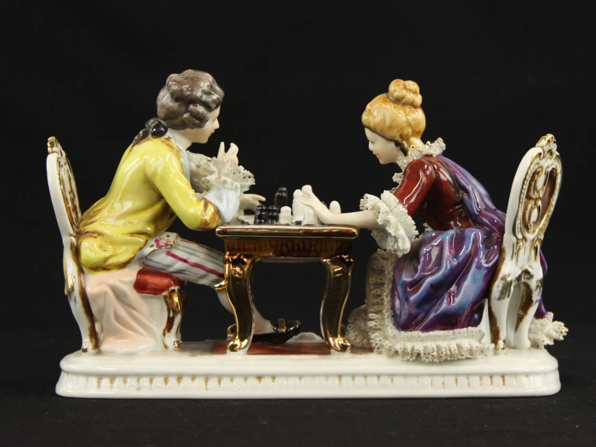 Porseleinen Beeld Schakend Koppel (Rococo / Dresden / Meissen Stijl) - foto 4