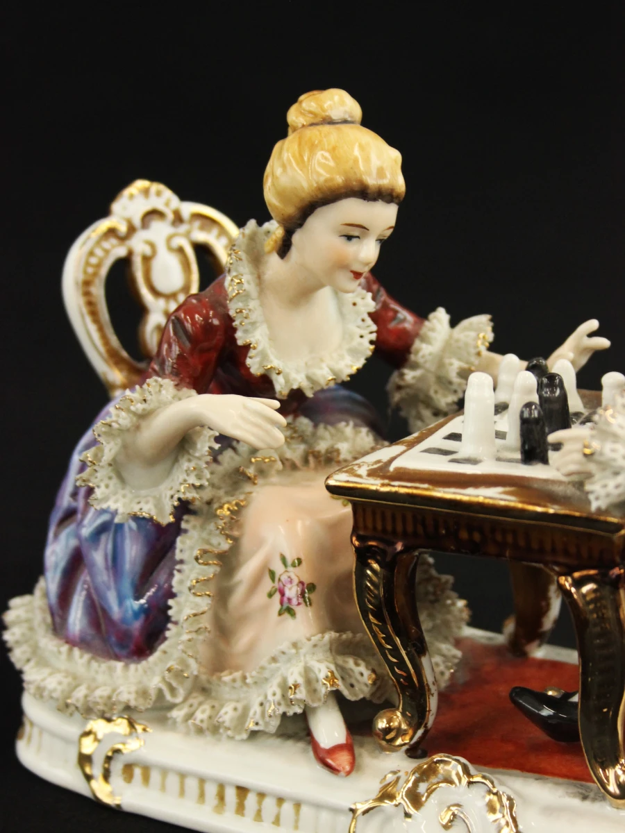 Porseleinen Beeld Schakend Koppel (Rococo / Dresden / Meissen Stijl) - foto 5