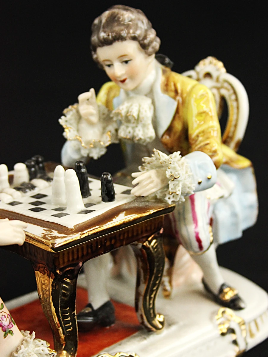 Porseleinen Beeld Schakend Koppel (Rococo / Dresden / Meissen Stijl) - foto 6