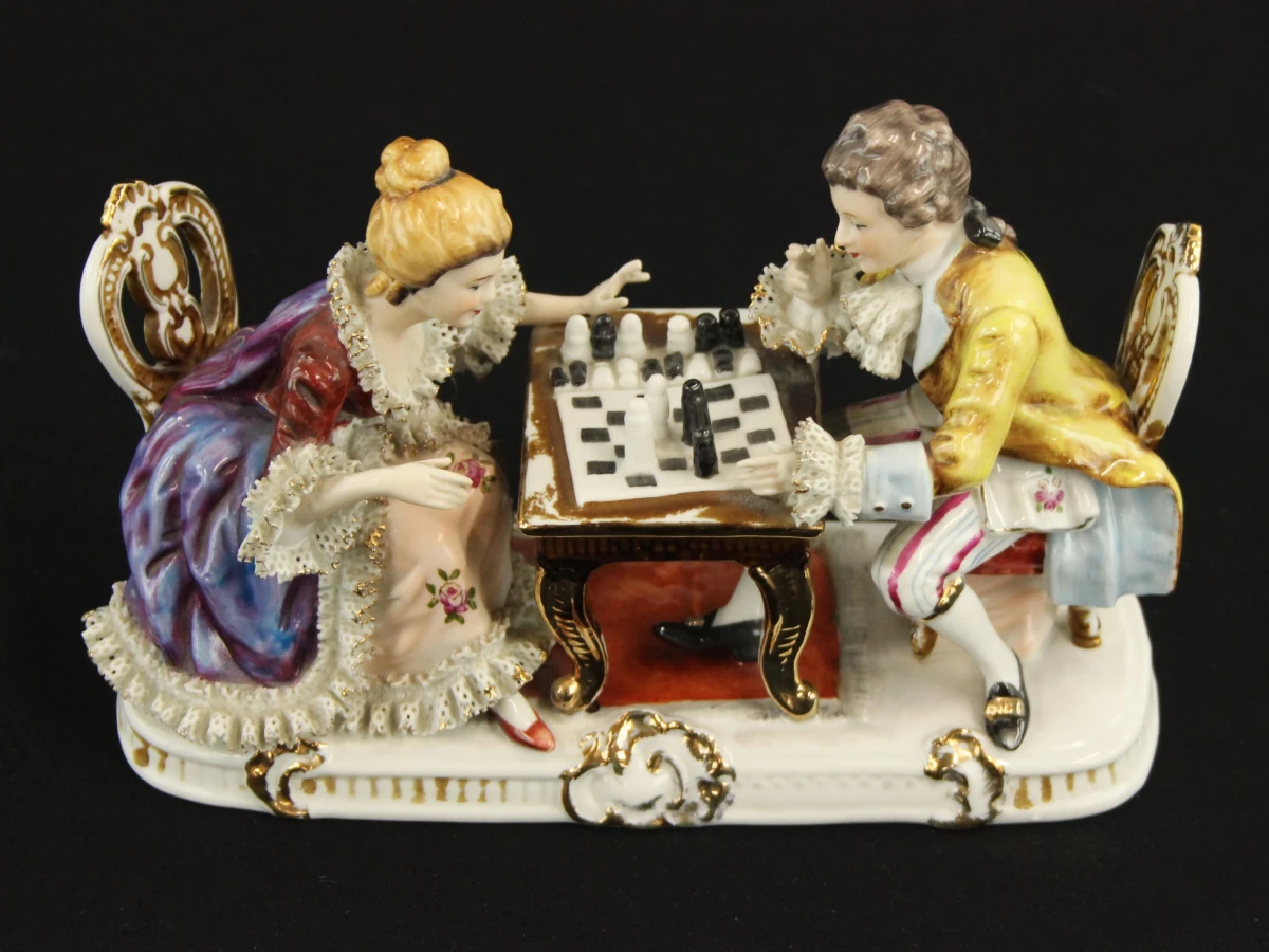 Porseleinen Beeld Schakend Koppel (Rococo / Dresden / Meissen Stijl) - foto 7