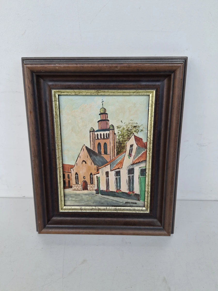 Sfeervol Schilderij "Delvaux" – Zicht op de Jeruzalemkerk te Brugge – Klassieke Kader