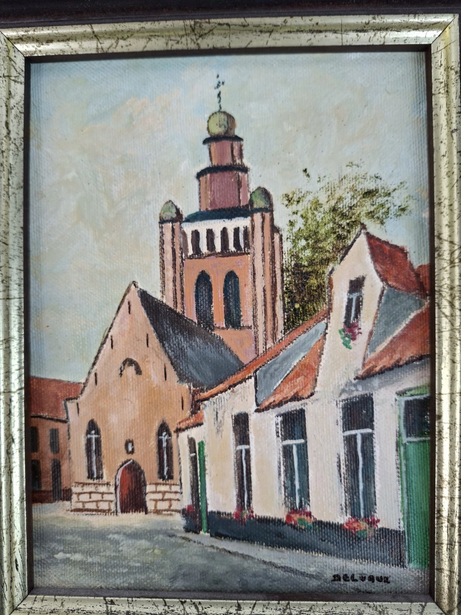 Sfeervol Schilderij "Delvaux" – Zicht op de Jeruzalemkerk te Brugge – Klassieke Kader