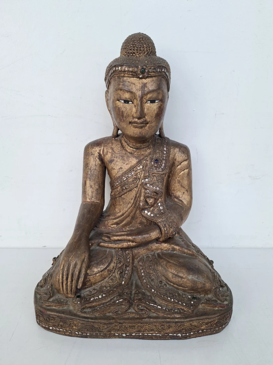 Antieke Birmese Mandalay Boeddha – Handgestoken Hout