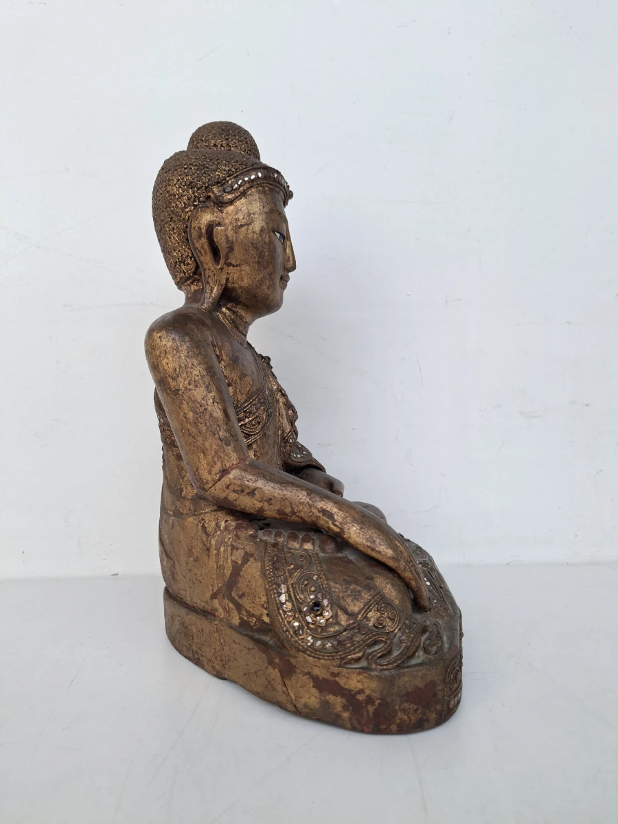 Antieke Birmese Mandalay Boeddha – Handgestoken Hout